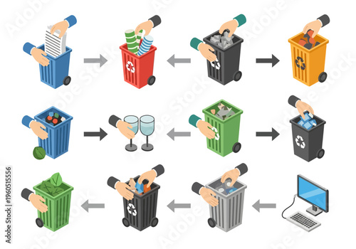 Recycling process and proper waste disposal methods illustrated by hands sorting materials into bins
