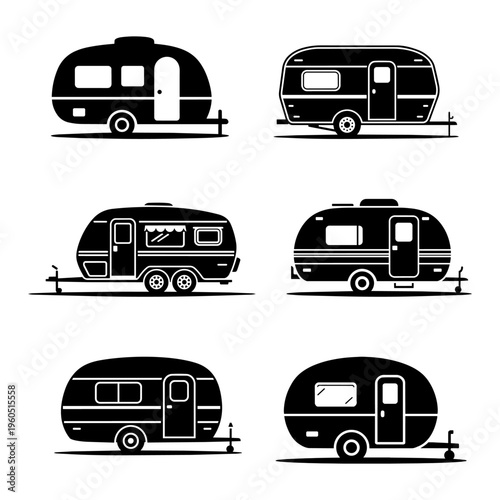 Collection of minimal black silhouette caravan camping trailer icons in flat vector style. Clean and modern designs, perfect for travel, camping, and outdoor themed projects.