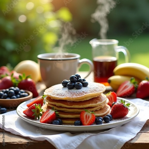 Stack of Pancakes with Fresh Berries and Hot Coffee Outdoors