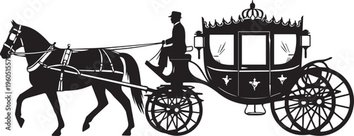 Vintage horse carriage silhouette vector illustration with driver in classic regal style