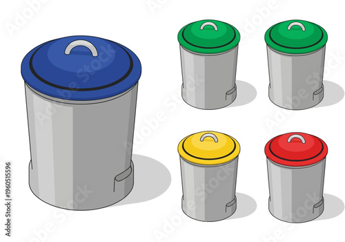 Collection of colorful trash cans with lids, illustrating different waste disposal options