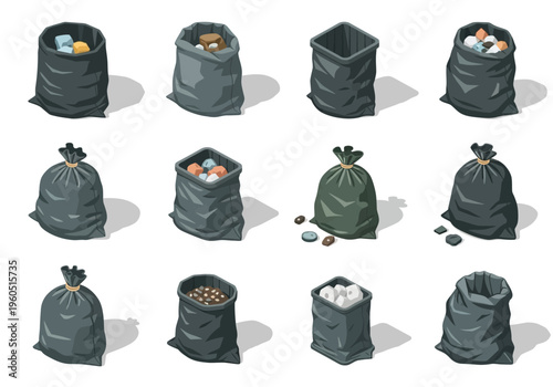 Collection of garbage bags filled with various waste materials, depicted in isometric view