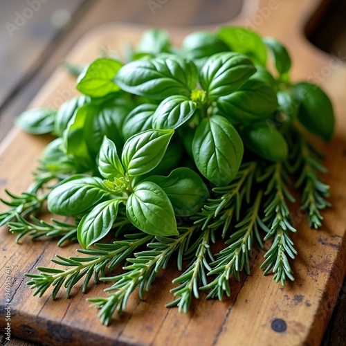 Fresh Basil and Rosemary on Wooden Cutting Board