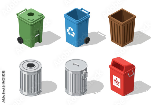 Collection of different types of waste bins and recycling containers for garbage disposal