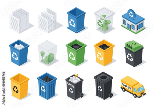 Recycling bins and waste management icons for eco-friendly and sustainable living