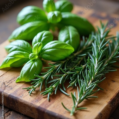 Fresh Basil and Rosemary on Wooden Cutting Board