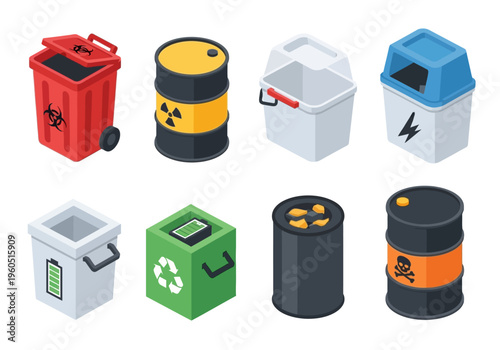 Various recycling and waste bins and containers for different types of waste