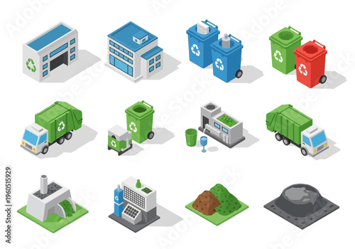 Isometric recycling and waste management collection of vehicles and facilities