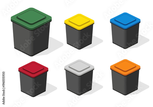 Set of Six Isometric Garbage Bins with Different Colored Lids for Waste Sorting and Recycling