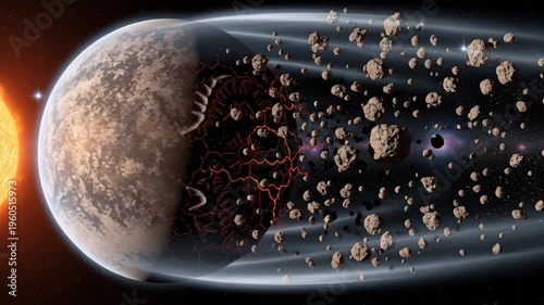 futuristic city on asteroid in deep space with glowing lights and starry background