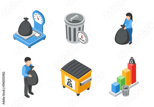 Isometric icons representing waste management, recycling, and disposal processes