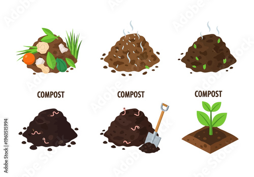 Composting Process Stages Illustrated with Various Materials and Stages of Decomposition