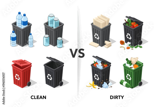 Illustration of waste separation and disposal bins, clean versus dirty recycling and trash containers