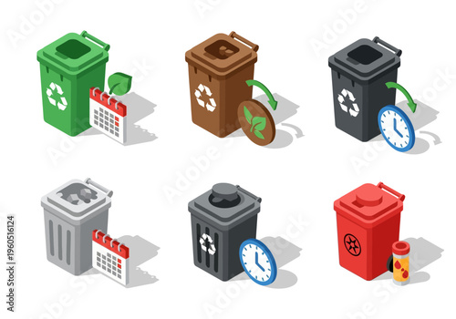 Recycling bins with calendar and clock icons, representing waste management and scheduling