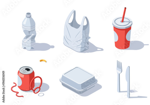 Collection of disposable plastic and aluminum waste items from everyday consumption, symbolizing pollution and environmental concern