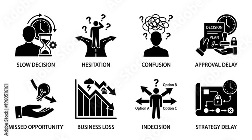Business Decision Challenges Vector Silhouette Icon Set Featuring Slow Clock, Hesitation Head, Confusion Scribble, Approval Delay, Missed Opportunity, Loss Graph, Indecision Scale, and Strategy Delay 