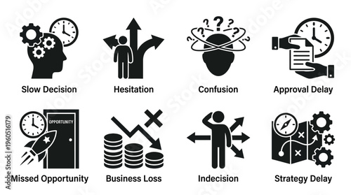 Business Decision Challenges Vector Silhouette Icon Set Featuring Slow Clock, Hesitation Head, Confusion Scribble, Approval Delay, Missed Opportunity, Loss Graph, Indecision Scale, and Strategy Delay 