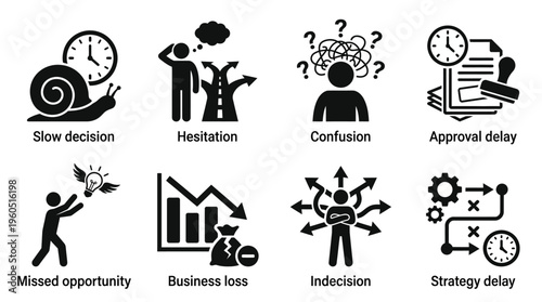 Business Decision Challenges Vector Silhouette Icon Set Featuring Slow Clock, Hesitation Head, Confusion Scribble, Approval Delay, Missed Opportunity, Loss Graph, Indecision Scale, and Strategy Delay 
