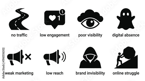 Digital Marketing Challenges Vector Silhouette Icon Set Featuring No Traffic, Low Engagement, Poor Visibility, Digital Absence, Weak Marketing, Low Reach, Brand Invisibility, and Online Struggle for S