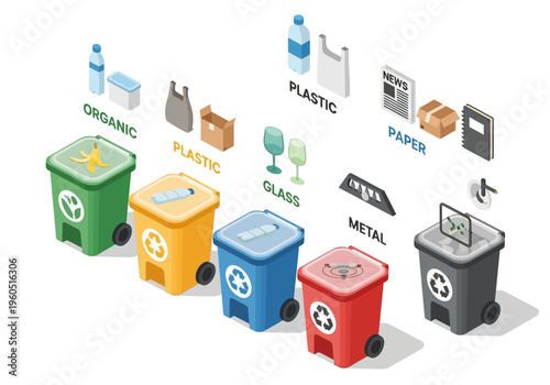 Eco-friendly waste segregation bins for organic, plastic, glass, paper, and metal recycling