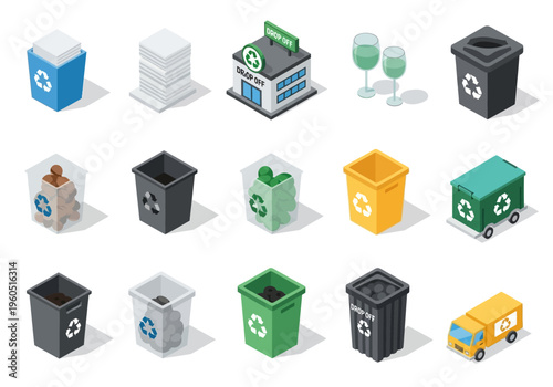 Collection of isometric recycling bins and related objects for waste management and eco-friendly lifestyle