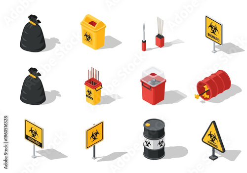 Set of hazardous waste disposal icons medical waste, trash bags, and warning signs