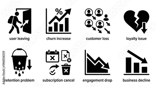 Customer Retention Vector Silhouette Icon Set Featuring User Leaving, Churn Increase, Customer Loss, Loyalty Issue, Retention Problem, Subscription Cancel, Engagement Drop, and Business Decline for St