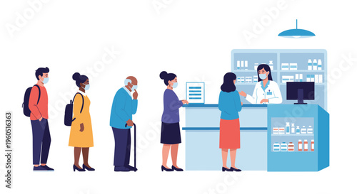Line of people wearing face masks waiting at a pharmacy counter to get their medical prescriptions from a pharmacist.