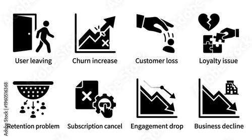 Customer Retention Vector Silhouette Icon Set Featuring User Leaving, Churn Increase, Customer Loss, Loyalty Issue, Retention Problem, Subscription Cancel, Engagement Drop, and Business Decline for St
