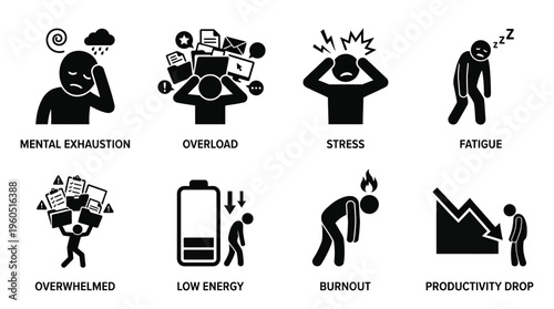 Burnout Vector Silhouette Icon Set Featuring Mental Exhaustion, Overload, Stress, Fatigue, Overwhelmed, Low Energy, Burnout Flame, and Productivity Drop for Workplace and Design Use