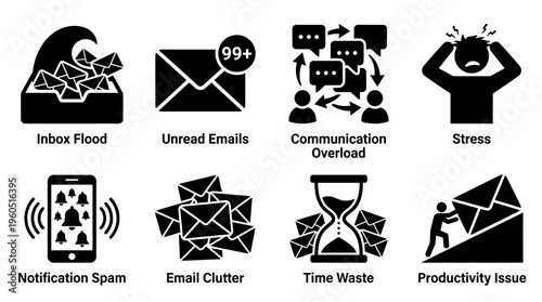 Email Challenges Vector Silhouette Icon Set Featuring Inbox Flood, Unread Emails, Communication Overload, Stress, Notification Spam, Email Clutter, Time Waste, and Productivity Issue for Workplace and