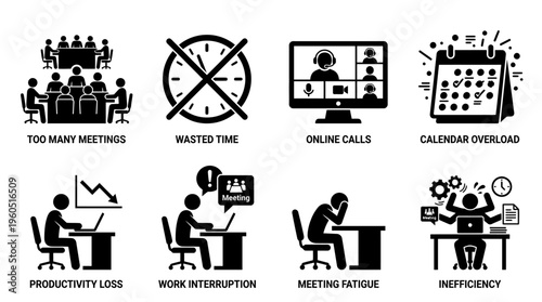 Meeting Challenges Vector Silhouette Icon Set Featuring Too Many Meetings, Wasted Time, Online Calls, Calendar Overload, Productivity Loss, Work Interruption, Meeting Fatigue, and Inefficiency for Wor