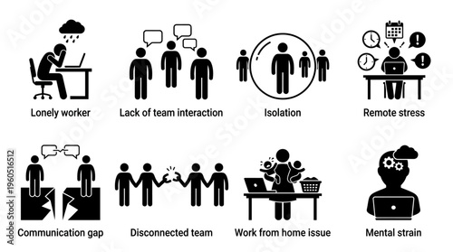 Remote Work Challenges Vector Silhouette Icon Set Featuring Lonely Worker, Lack of Interaction, Isolation, Remote Stress, Communication Gap, Disconnected Team, Work from Home Issue, and Mental Strain 