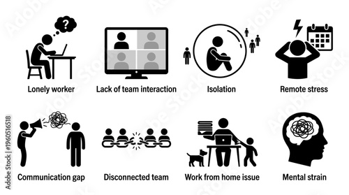 Remote Work Challenges Vector Silhouette Icon Set Featuring Lonely Worker, Lack of Interaction, Isolation, Remote Stress, Communication Gap, Disconnected Team, Work from Home Issue, and Mental Strain 