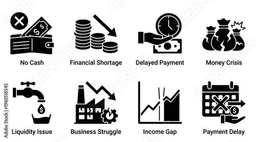 Financial Challenges Vector Silhouette Icon Set Featuring No Cash Wallet, Shortage Coins, Delayed Payment Invoice, Money Crisis Piggy Bank, Liquidity Issue Bank, Business Struggle Gear, Income Gap Cha