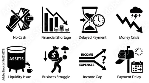 Financial Challenges Vector Silhouette Icon Set Featuring No Cash Wallet, Shortage Coins, Delayed Payment Invoice, Money Crisis Piggy Bank, Liquidity Issue Bank, Business Struggle Gear, Income Gap Cha