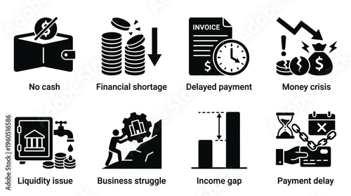Financial Challenges Vector Silhouette Icon Set Featuring No Cash Wallet, Shortage Coins, Delayed Payment Invoice, Money Crisis Piggy Bank, Liquidity Issue Bank, Business Struggle Gear, Income Gap Cha