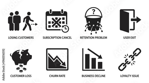 Customer Loyalty Vector Silhouette Icon Set Featuring Losing Customers, Subscription Cancel, Retention Problem, User Exit, Customer Loss, Churn Rate, Business Decline, and Loyalty Issue for Strategy a