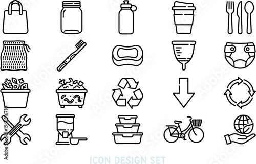 Icon set of outline zero waste and ecology symbols. Featuring linear recycle, reusable bottle, bicycle, and compost graphics. Minimalist thin line green living elements vector design.