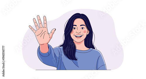 Smiling young woman waving her hand in a friendly hello greeting against a light purple decorative background.