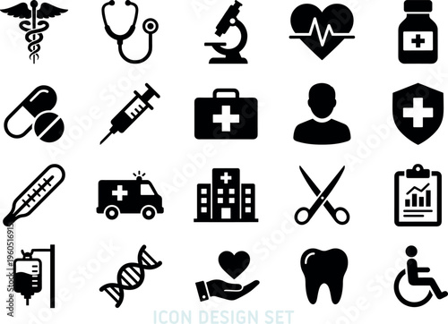 Icon set of solid medical and pharmacy symbols. Includes glyph icons for ambulance, first aid kit, DNA, and heartbeat. Modern black flat healthcare emergency graphics vector design.