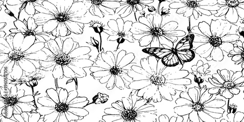 Abstract illustration: A solitary butterfly delicately rests upon a detailed, monochrome sketch of blooming flowers.