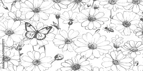 Abstract delicate ink drawing portrays a thriving garden, teeming with life as a lone butterfly flutters over a field of daisies, surrounded by the subtle buzz of a bee. 