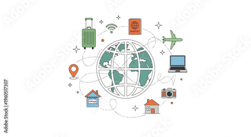 Global Travel and Connectivity: Globe, Luggage, Plane, Laptop, Camera, Wi-Fi, Houses