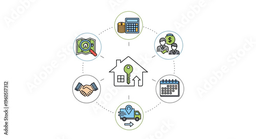 Real Estate Process Icons: Home Key, Map, Deal, Delivery, Calendar, Finance, People