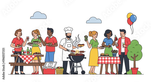 Happy people enjoying a summer barbecue party outdoors with food and drinks