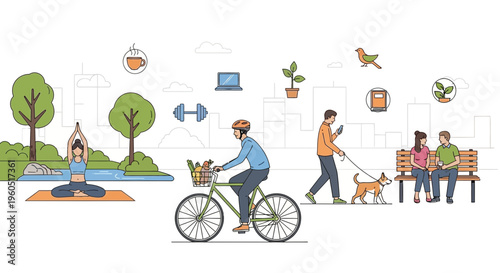 Healthy Lifestyle in City Park: Yoga, Cycling, Walking Dog, Relaxing on Bench