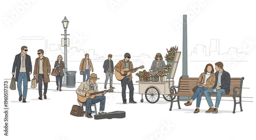Street performers and couples enjoying a sunny day in a city park with a flower cart.