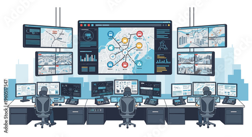 Modern control room with multiple screens showing city map, surveillance feeds, and data.