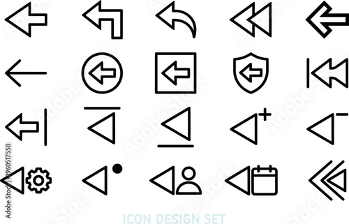 Icon set of outline back arrows and navigation return symbols. Featuring linear backward pointers, undo, and history graphics. Minimalist thin line UI interface icons vector design.